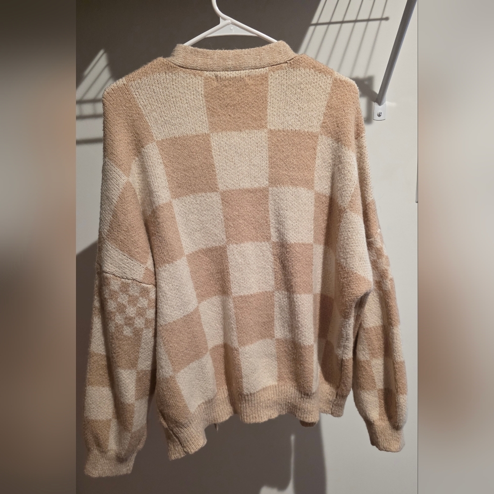 NWOT - SO Woman's Checkered Cardigan Sweater - Tan and Cream - Picture 2 of 4